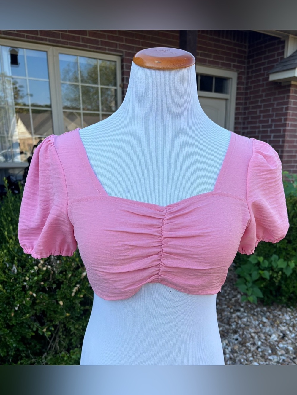 SHEIN Pink Ruched Puff-Sleeve Square Neck Crop Top
